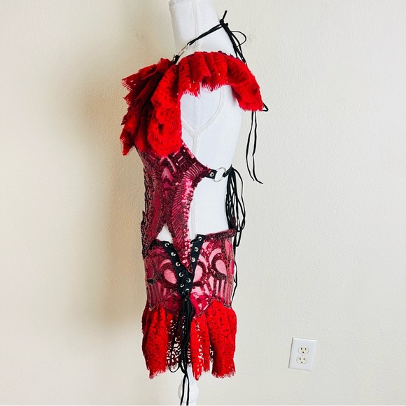 Disco X Lux OOAK Red Wedding Sequin 4 Piece Ruffle Skirt & Arm Warmers Set - Picture 4 of 11